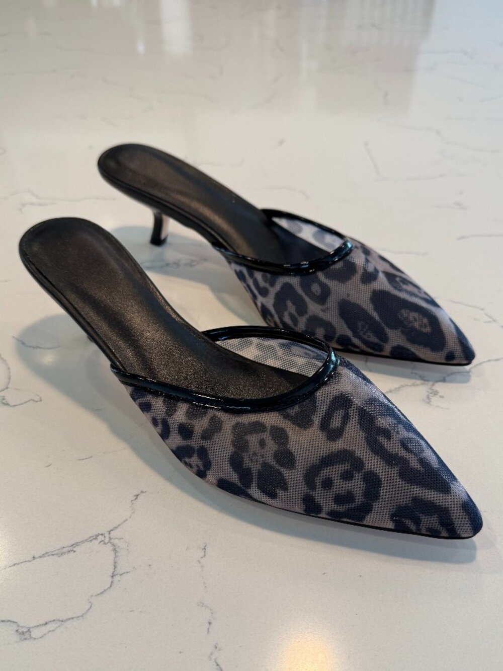 Leopard print mesh kitten heels slip on mules size 8
